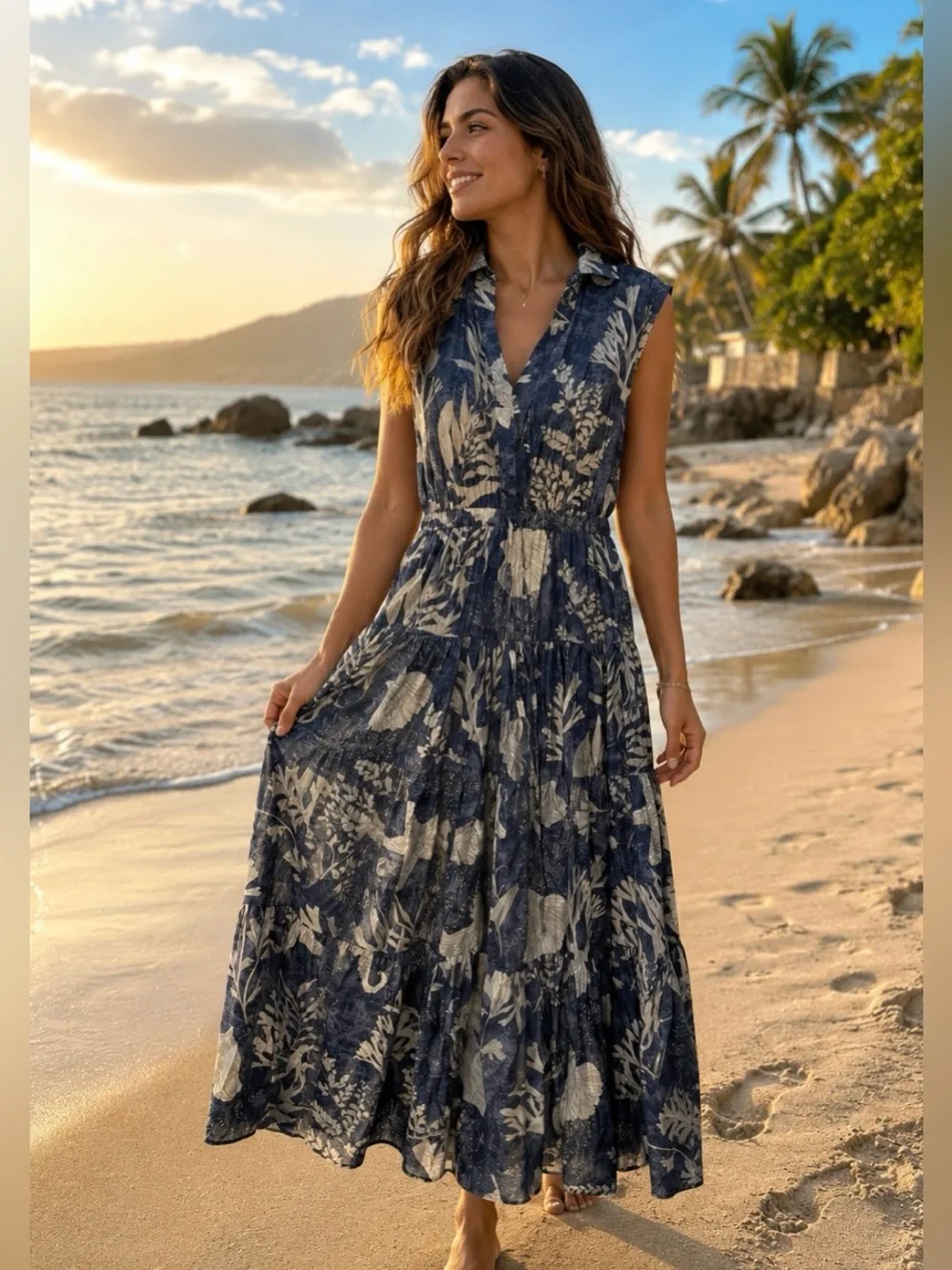 Pinch Navy & Cream Botanical Sleeveless Maxi Dress